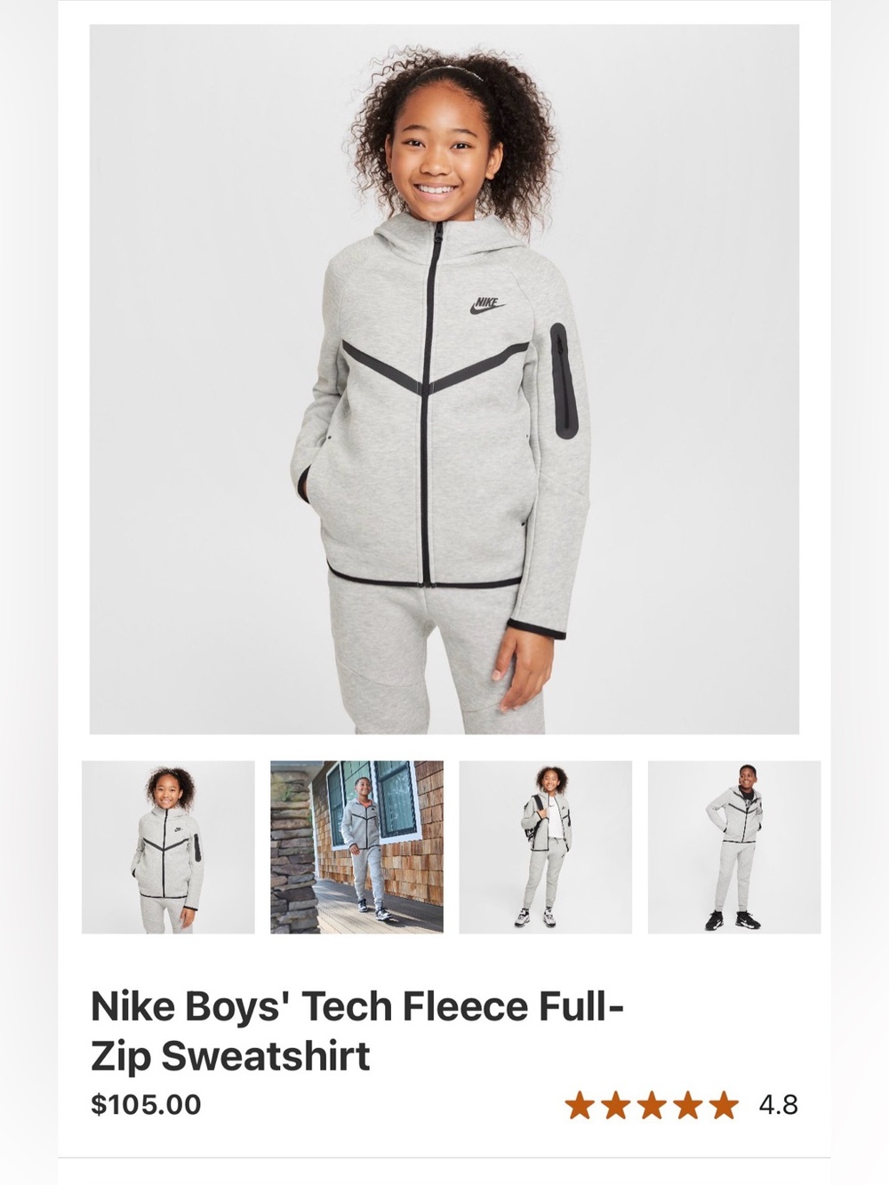 Nike Light Gray and Black Tech Fleece Hoodie, youth L